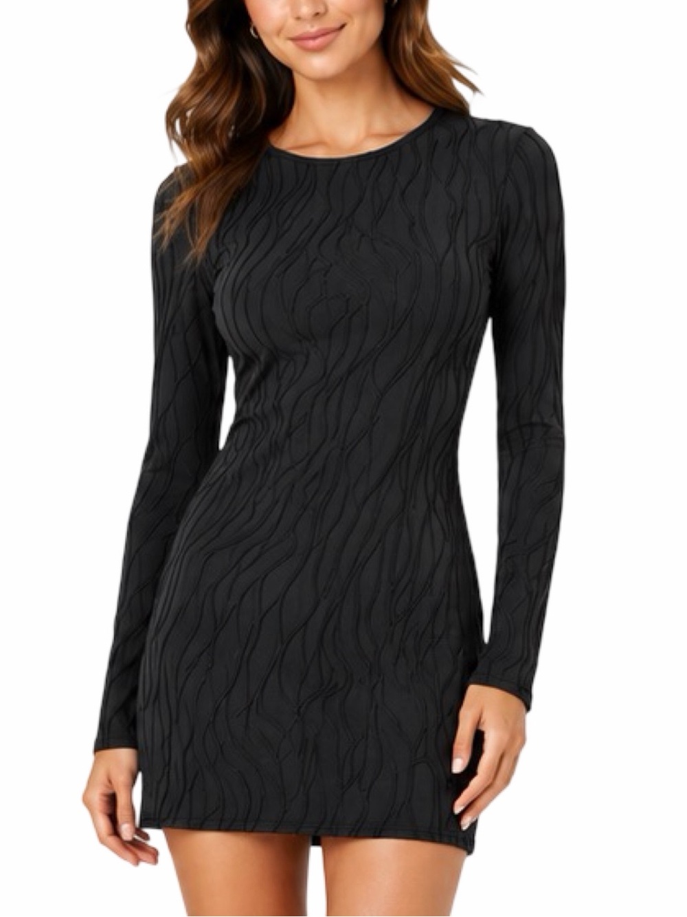 Commense Long Sleeve Textured Black Mini Dress - Size XS